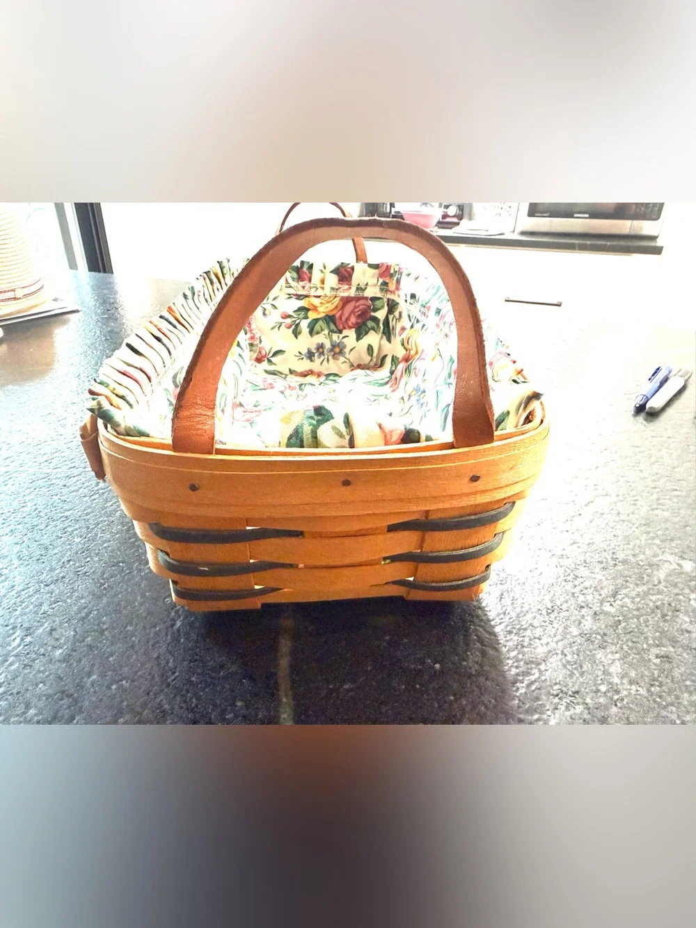 Longaberger Double Handle Rectangle Basket with Floral Liner 2000